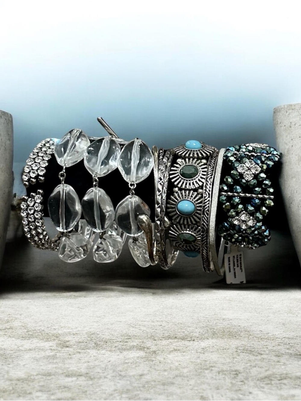 Turquoise Silver Bracelet Stack Set Boho Clear Quartz Crystal Beaded Statement